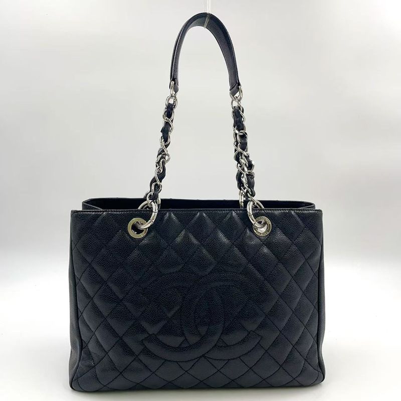 Chanel GST Tote Bag Matelasse 13th Caviar Skin Black Shoulder Bag Silver