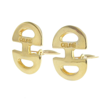 Celine Y2K Vintage Signature Engraved Gold Metal Horsebit Earrings Ring GP