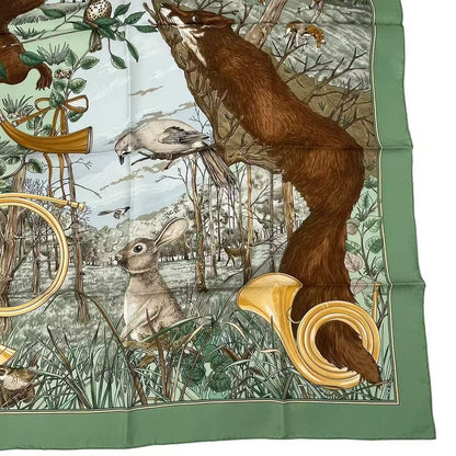 Hermes Carre 90 Chasse Au BOIS Hunting In The Woods Scarf Silk Green