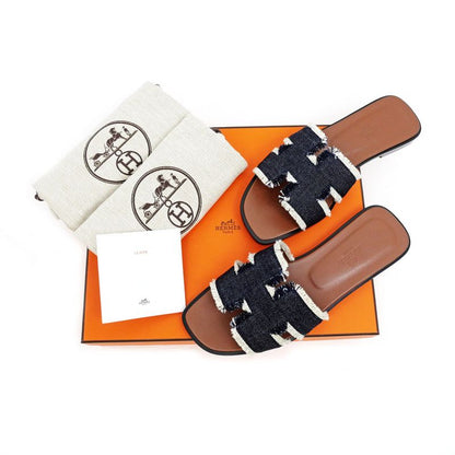 Hermes Oran Fringe BL Denim Navy-brown Size 36 Sandals Shoes Ladies