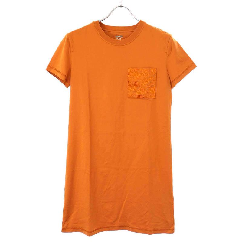 Hermes 22ss Dress Embroidered Pocket Dress 2e4508du Orange 36