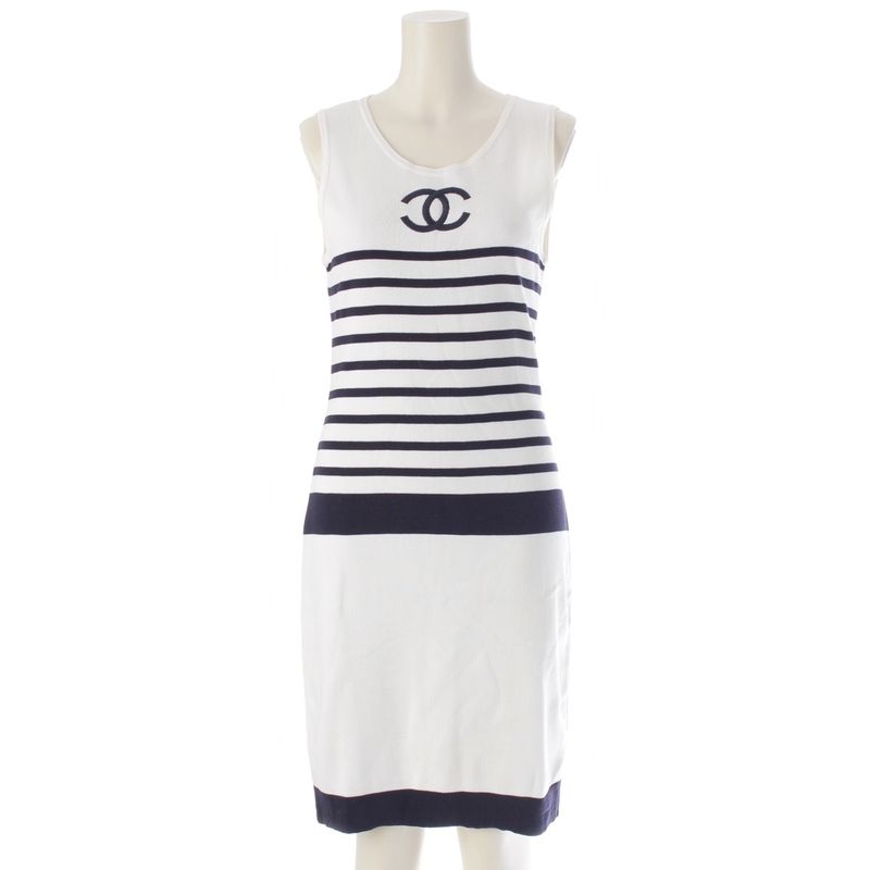 Chanel Cotton Vintage Coco Mark Striped Sleeveless Dress White 40