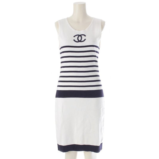 Chanel Cotton Vintage Coco Mark Striped Sleeveless Dress White 40