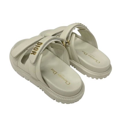 Christian Dioract Sandals Shoes Leather Ivory Gold Logo Velcro Strap