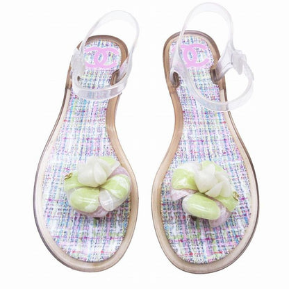 Chanel Camellia Coco Mark Thong Sandals Flip Flops Flat Tweed Pattern 38 24cm