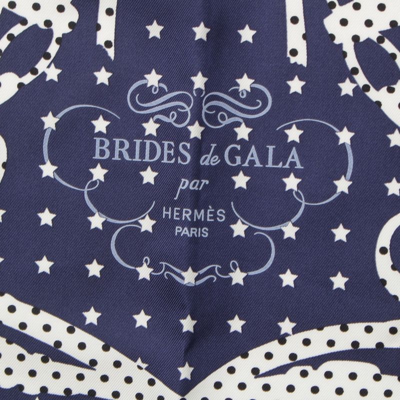 Hermes Carre 65 Brides De GALA Ceremonial Horse Maitre D'oeil Ruffled Scarf Navy