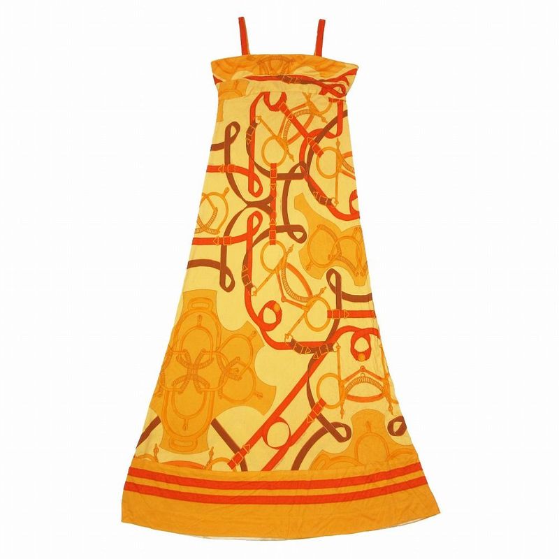 Hermes Silk Belt Pattern Cami Dress Long Dress 2 M Orange Ur23