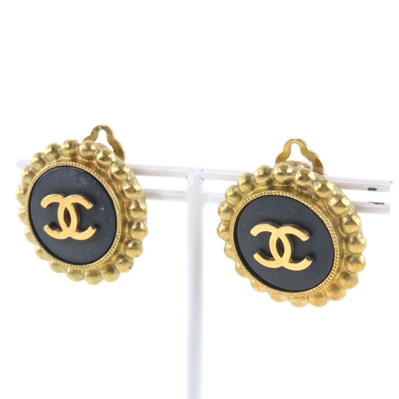 Chanel Coco Mark Vintage Gold Plated Black 95P Ladies 27.0g Earring