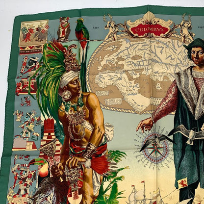 Hermes Carre 90 Les Ameriques Americas Columbus Scarf Green