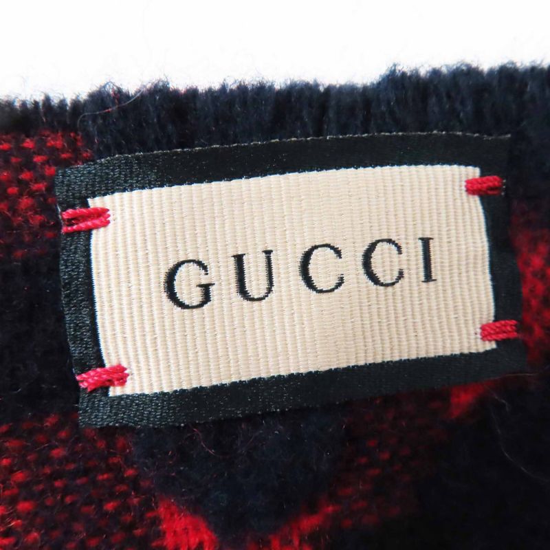 Gucci 644365 Wool Jumbo GG Checked Jacquard Scarf With Fringe Red Black 240 X