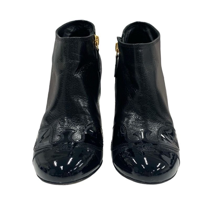 Chanel Boots Short Boots Shoes Leather Patent Black Here Mark Booties