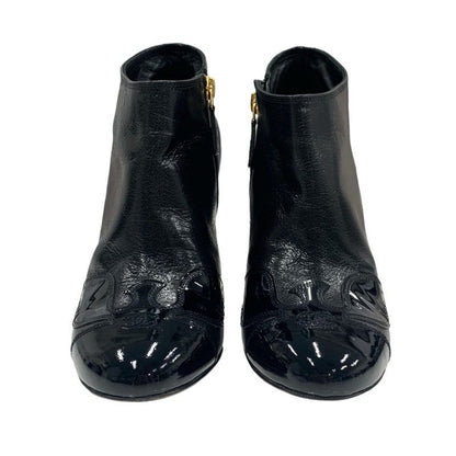Chanel Boots Short Boots Shoes Leather Patent Black Here Mark Booties