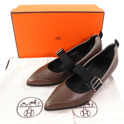 Hermes Pointed Toe Leather Pumps With Band Strap Brown Black 38 Storage With