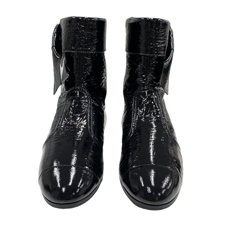 Chanel Boots Short Boots Shoes Patent Black Here Mark Wrinkled Side Gore Ribbon