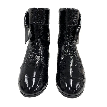 Chanel Boots Short Boots Shoes Patent Black Here Mark Wrinkled Side Gore Ribbon