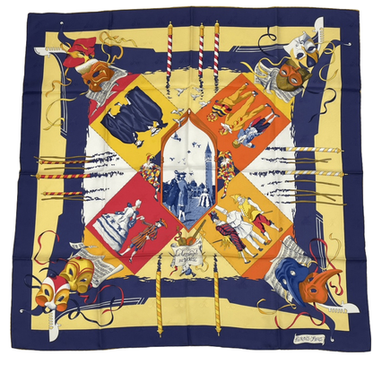 Hermes Carre 90 Carnaval DE Venise Carnival Of Venice Scarf 100% Silk Blue X