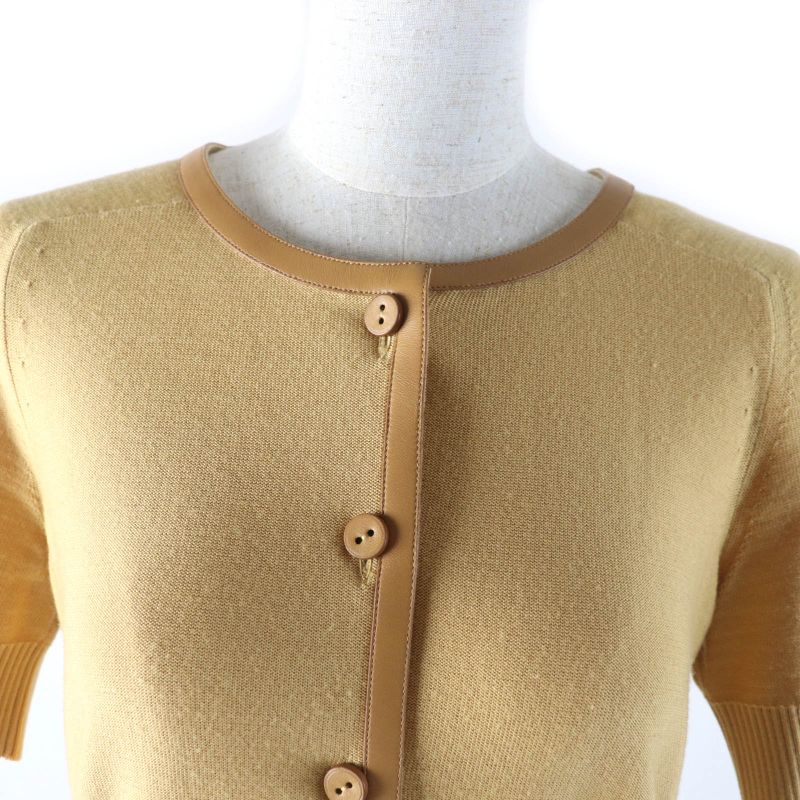 Hermes 100% Wool Lamb Leather Trim Short Sleeve Knit Cardigan Top Yellowish 36