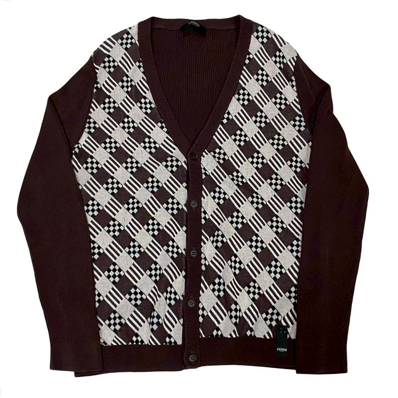 Fendi All-over Pattern Rib Knit Cotton V-neck Cardigan Men's Size 48 Brown