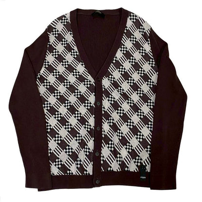 Fendi All-over Pattern Rib Knit Cotton V-neck Cardigan Men's Size 48 Brown