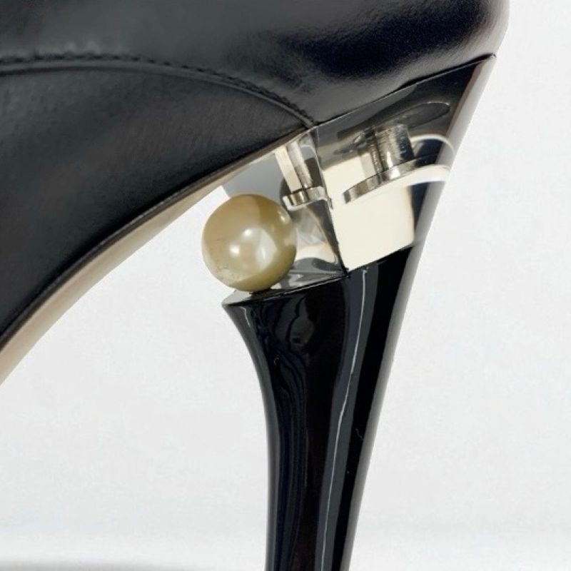 Chanel Boots Short Boots Shoes Leather Black Lace Up Pearl Booties