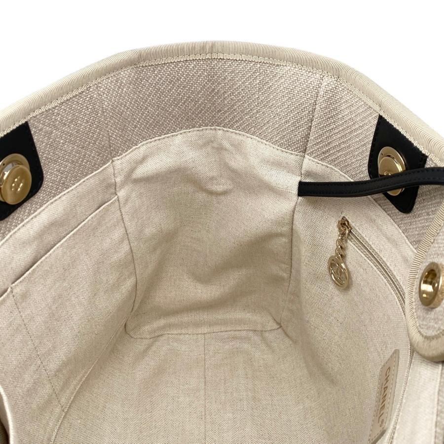 Chanel Tote Bag Deauville MM A67001 Canvas Chain Logo Beige Black Gold Hardware