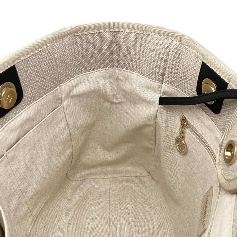 Chanel Tote Bag Deauville MM A67001 Canvas Chain Logo Beige Black Gold Hardware