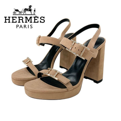Hermes Sandals Shoes Suede Pink Beige Pink Gold H Buckle Bijou Strap