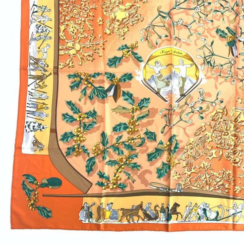 Hermes Carre 90 Neige D'antan Last Year's Snow Orange Scarf 100% Silk