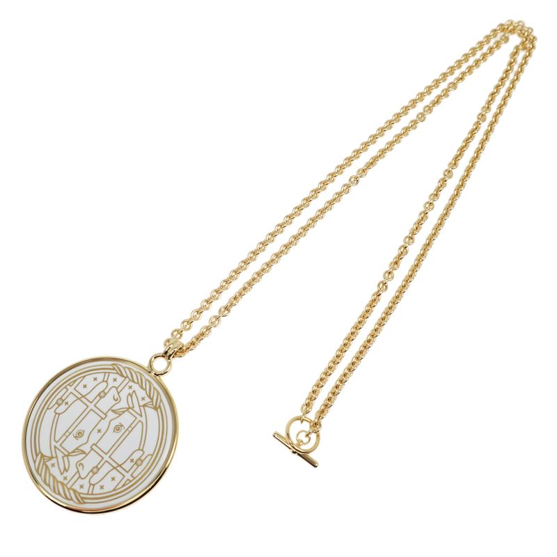 Hermes Medaille Quadrige GM Blanc Gold Hardware Pendant Necklace