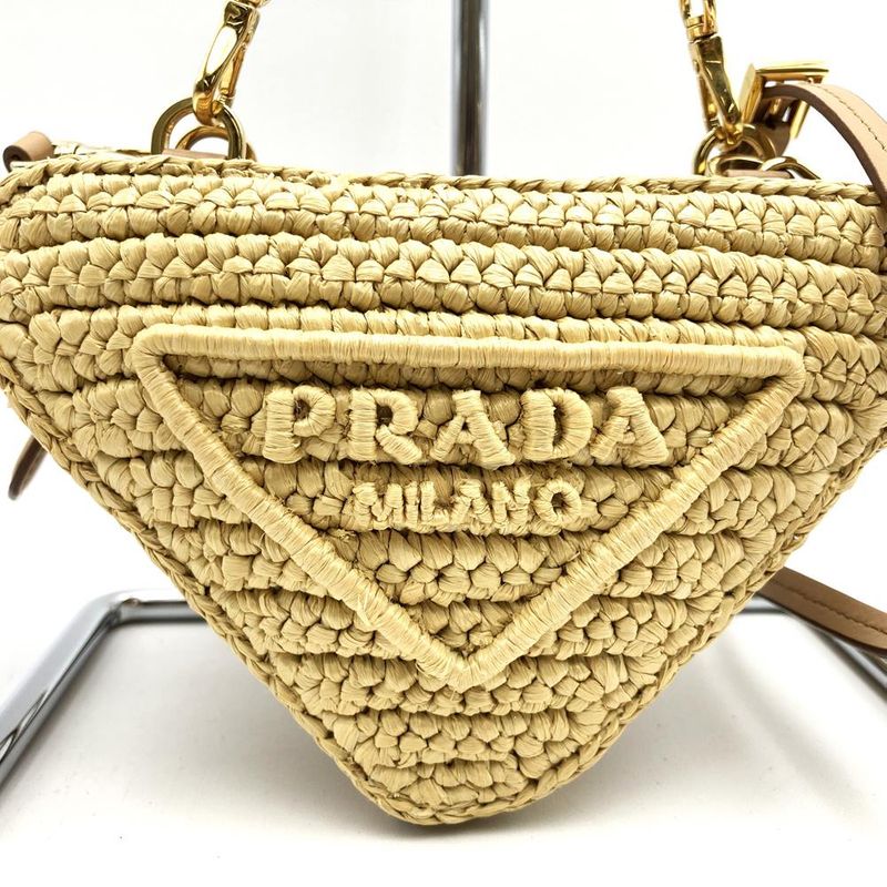 Prada Triangle Shoulder Bag Chain Bag Mini Bag 1nr015 Raffia Beige Women