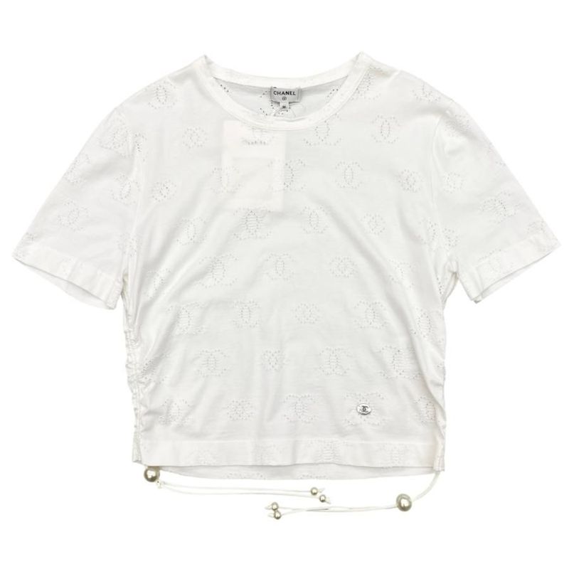 Chanel Short Sleeve T-Shirt Coco Mark Pearl Cropped Length P72733 M Size Cotton