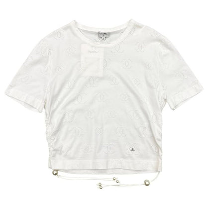 Chanel Short Sleeve T-Shirt Coco Mark Pearl Cropped Length P72733 M Size Cotton
