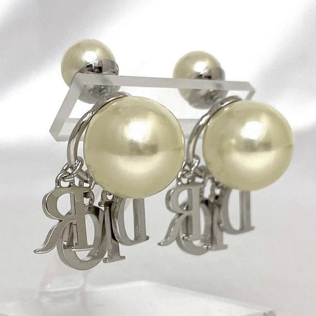 Christian Dior Logo Earrings Silver Pearl White Excellent Condition