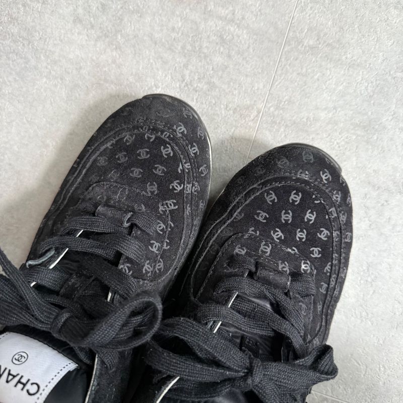 Chanel Coco Mark Sneakers Suede Mesh Logo Black White 38 25cm (9.84in)