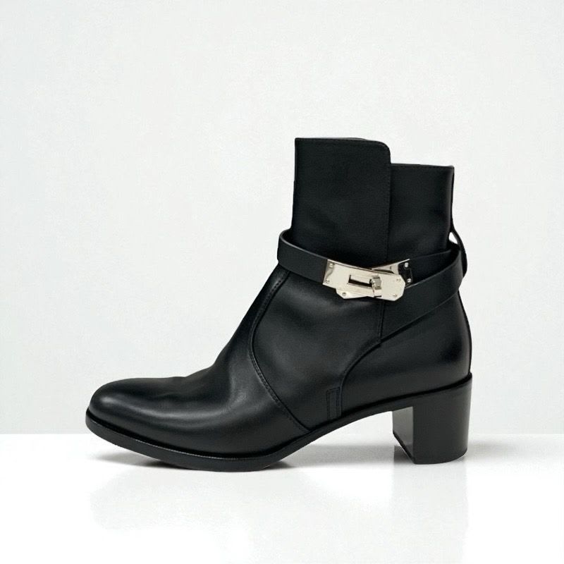 Hermes Frenchie Boots Short Shoes Leather Black Silver Kelly Hardware