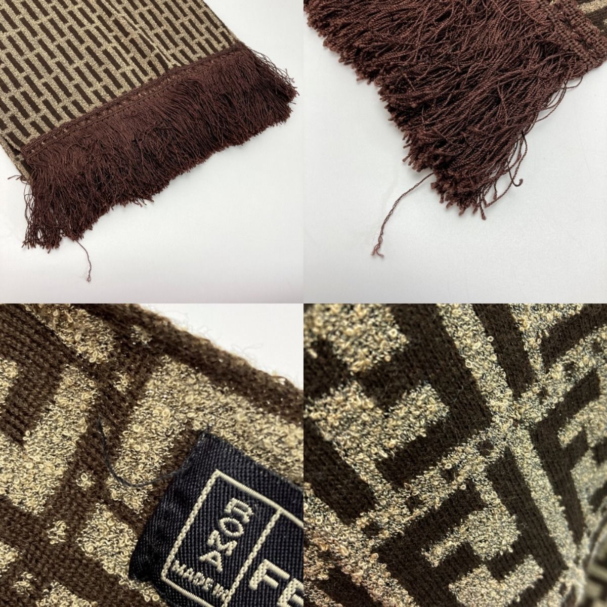Fendi Zucca Pattern Fringe Muffler Brown Wool Stole