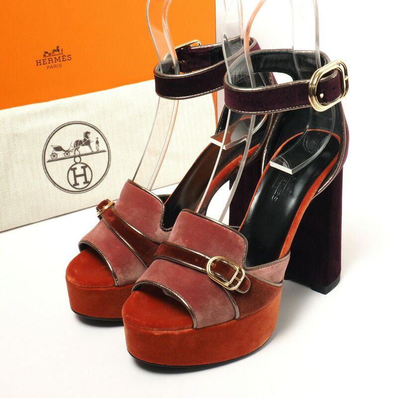 Hermes Sandals Size 35.5 Ankle Strap Sandals Shoes Velour Chunky