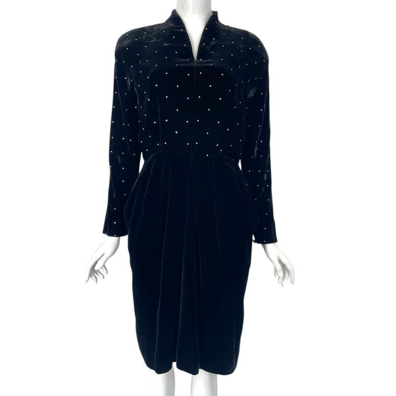 Celine Velour Rhinestone Dress Long Sleeves Black