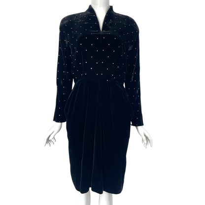 Celine Velour Rhinestone Dress Long Sleeves Black