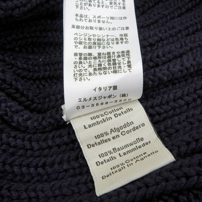 Hermes 2021 100% Cotton Leather Braided Mock Neck Long Sleeve Knit Navy M Made