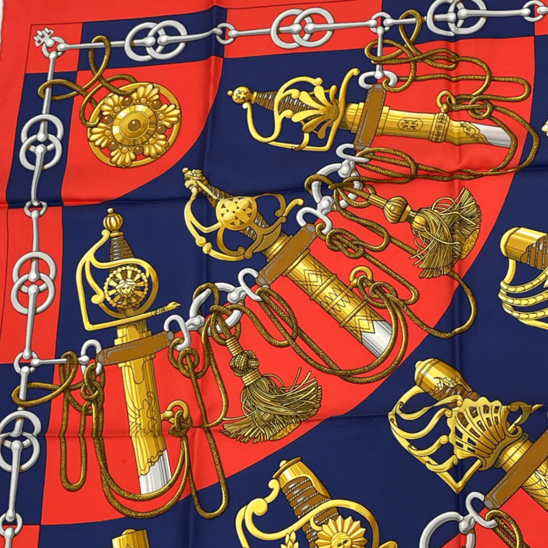 Hermes Scarf Carre 90 Cliquetis Camicie Sword Pattern Navy Red Gold Silk