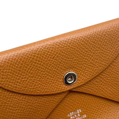 Hermes Card Case Coin Case Calvi Duo Engraved B Gold Brown Silver Hardware