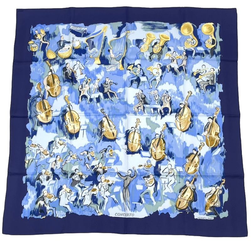 Hermes Carre 90 Concerto Blue 100% Silk Scarf