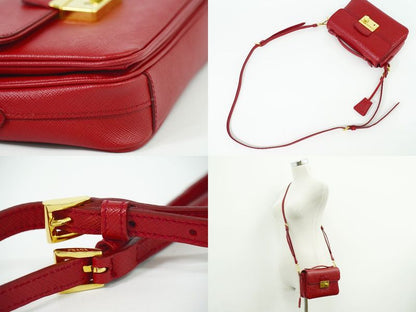 Authentic Prada Saffiano Leather 2WAY Shoulder Bag Handbag Pochette Red Bt0959