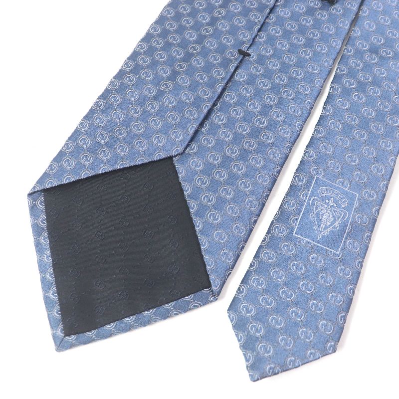 Gucci 100% Silk GG Logo All-over Pattern Cles Str Wide Tie Light Blue Made In