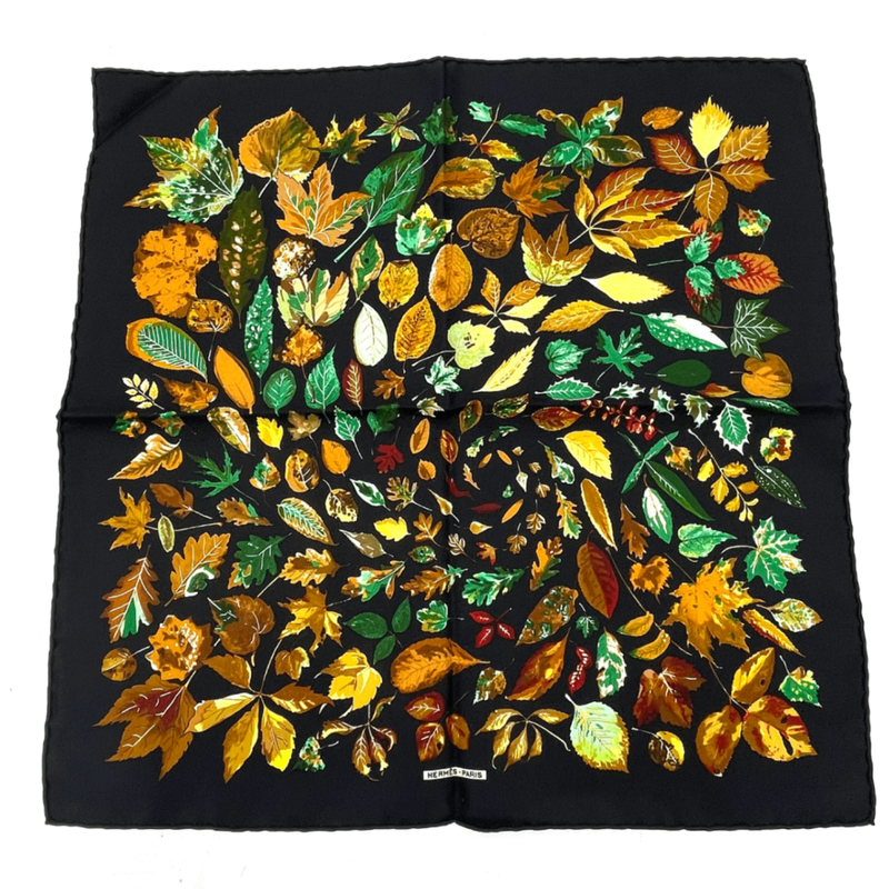 Hermes Scarf Silk Tourbillon Swirl Falling Leaves Leaf Pattern Black