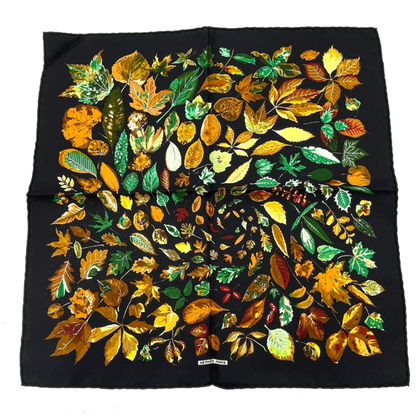 Hermes Scarf Silk Tourbillon Swirl Falling Leaves Leaf Pattern Black