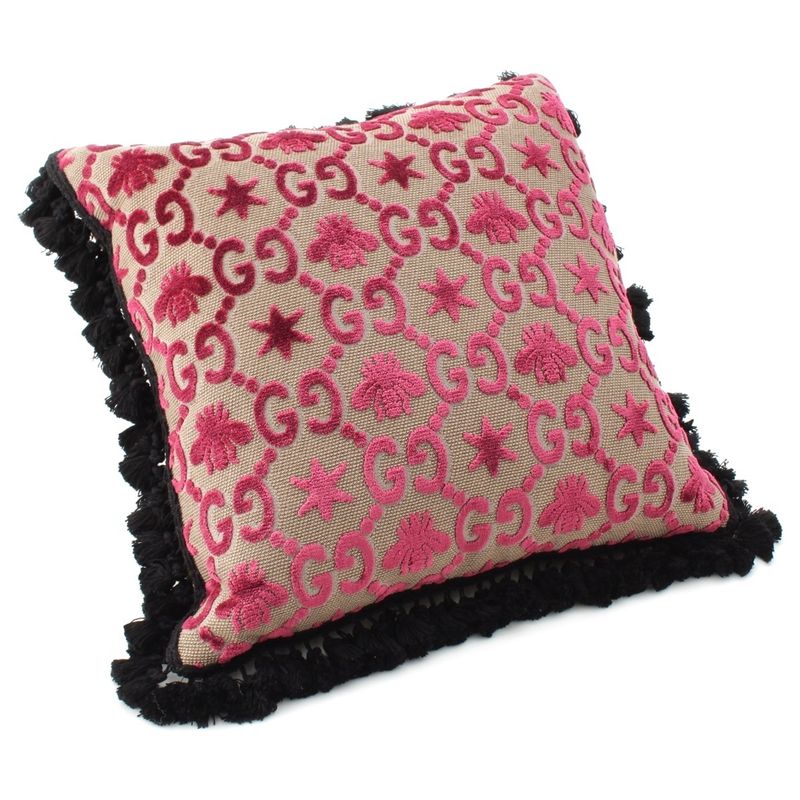 Gucci Fabric Feather Flower GG BEE Embroidered Fringe Pillow Cushion Interior