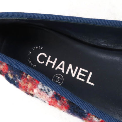 CHANEL Ballerina With Coco Mark Ribbon Leather Use Tweed Flat Pumps Multi 35.5