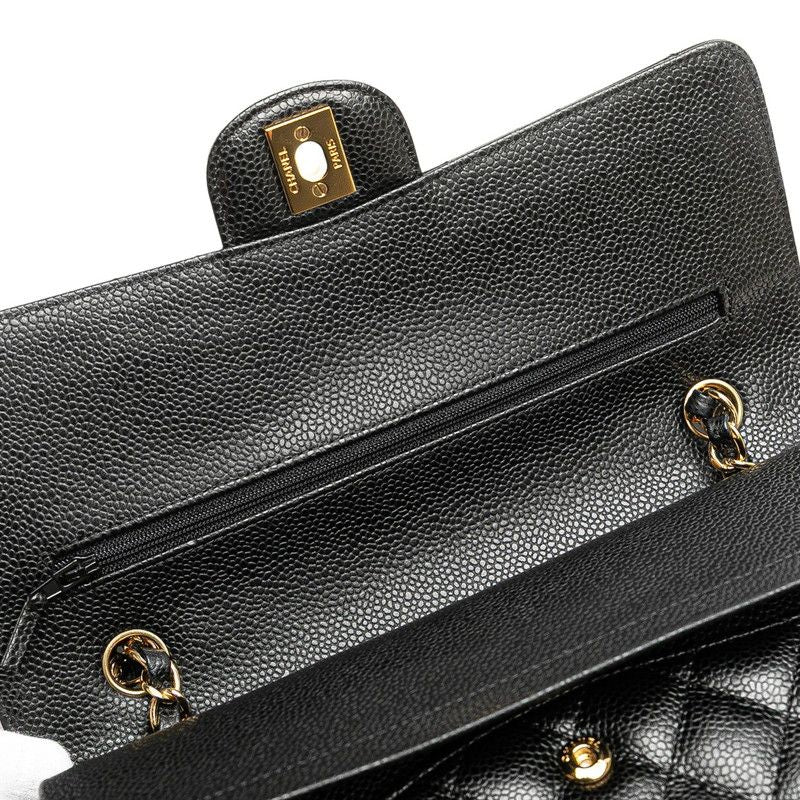 Chanel Matelasse 25 Coco Mark Double Flap Chain Shoulder Bag Black Caviar Skin